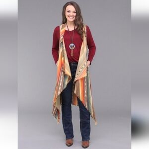 L&B Multicolor Striped Long Boho Western Rodeo Shawl Sleeveless Cardigan Size XL